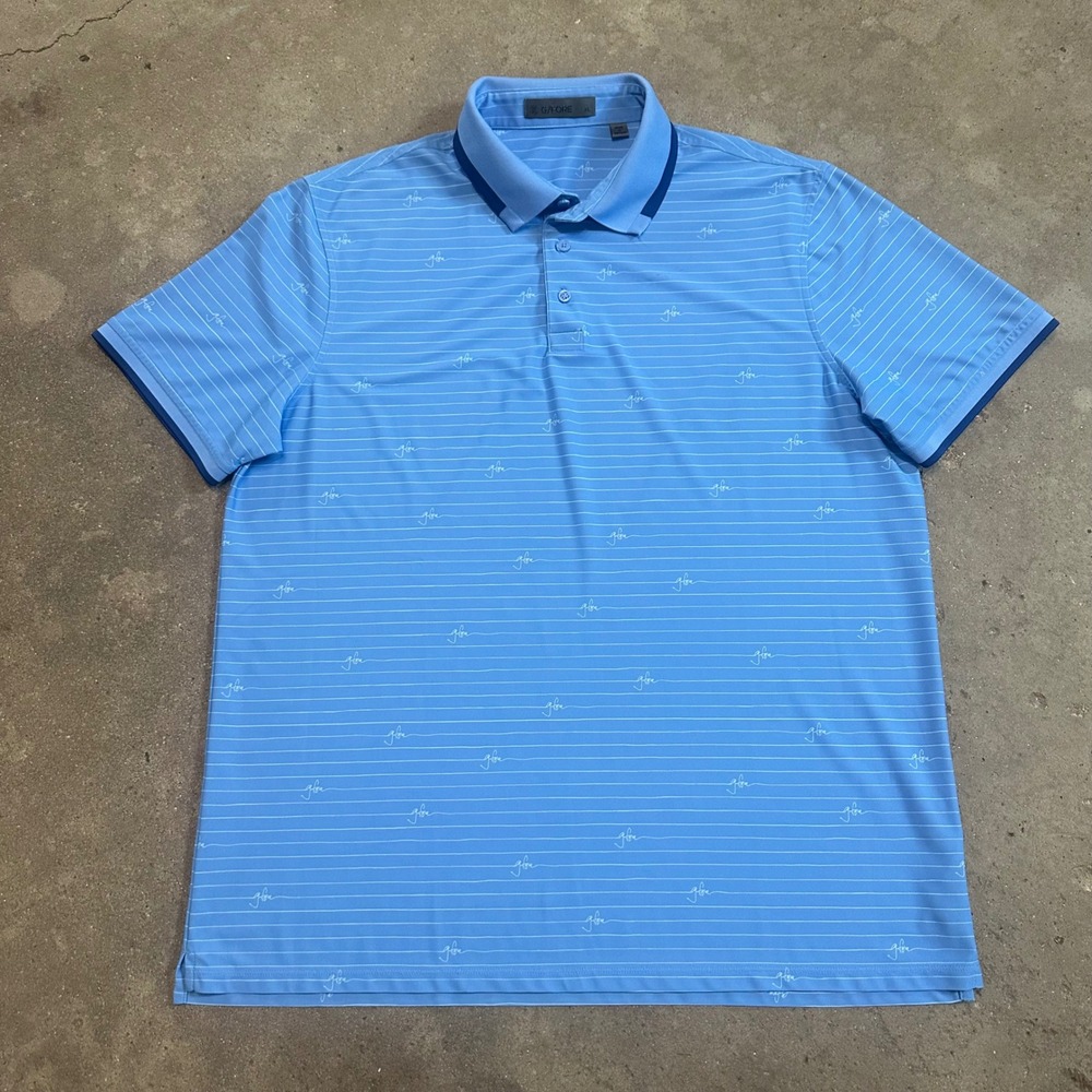 G/FORE Polo Shirt Mens XL Blue Dawn Striped Script Logo AOP Golf Stretch